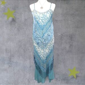 Aris A. 80% Silk and Velvet Vintage Blue Fringe Maxi Dress